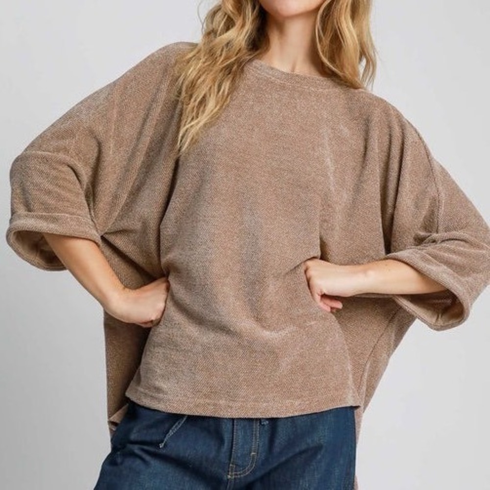 Umgee Womens Brown Textured Knit Dolman Sleeve Oversized Top‎ Size L